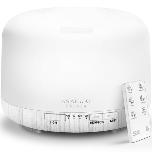 ASAKUKI Essential Oil Diffuser 500ml, Ultrasonic Aromatherapy Humidifier with Remote Control, 7 LED Colors, Timer & Auto-Off, Large Room Diffuser