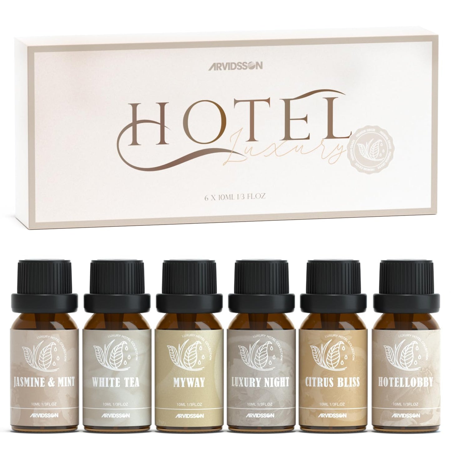 Hotel Diffuser Oils Gift Set, ARVIDSSON Luxury Fragrance Oil Blend, Hotel Scent Essential Oils for Diffuser, Jasmine & Mint, White Tea, Citrus Bliss, M-Way, Fancy Lobby, Gift for Women and Men