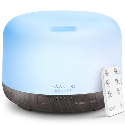 ASAKUKI Essential Oil Diffuser 500ml, Ultrasonic Aromatherapy Humidifier with Remote Control, 7 LED Colors, Timer & Auto-Off, Large Room Diffuser