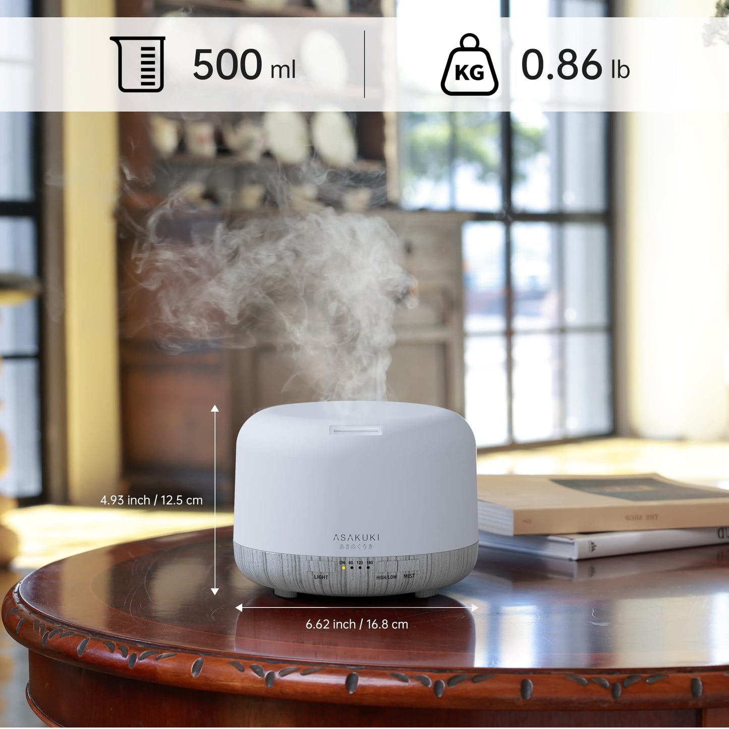 ASAKUKI Essential Oil Diffuser 500ml, Ultrasonic Aromatherapy Humidifier with Remote Control, 7 LED Colors, Timer & Auto-Off, Large Room Diffuser