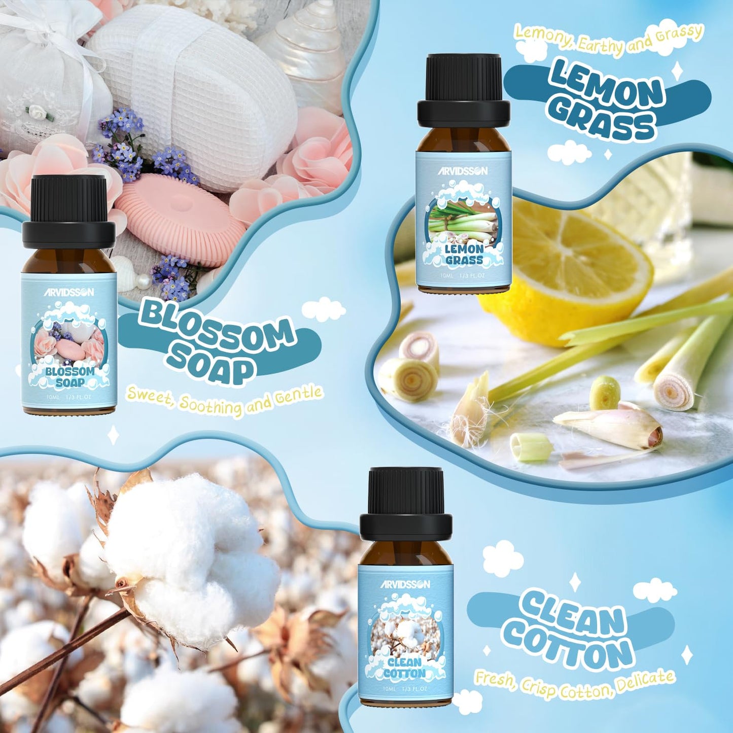Hotel Diffuser Oils Gift Set, ARVIDSSON Luxury Fragrance Oil Blend, Hotel Scent Essential Oils for Diffuser, Jasmine & Mint, White Tea, Citrus Bliss, M-Way, Fancy Lobby, Gift for Women and Men
