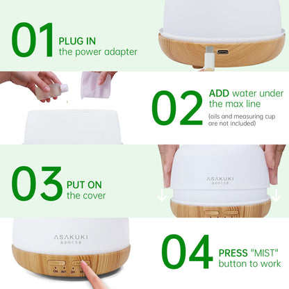 ASAKUKI Essential Oil Diffuser 500ml, Ultrasonic Aromatherapy Humidifier with Remote Control, 7 LED Colors, Timer & Auto-Off, Large Room Diffuser
