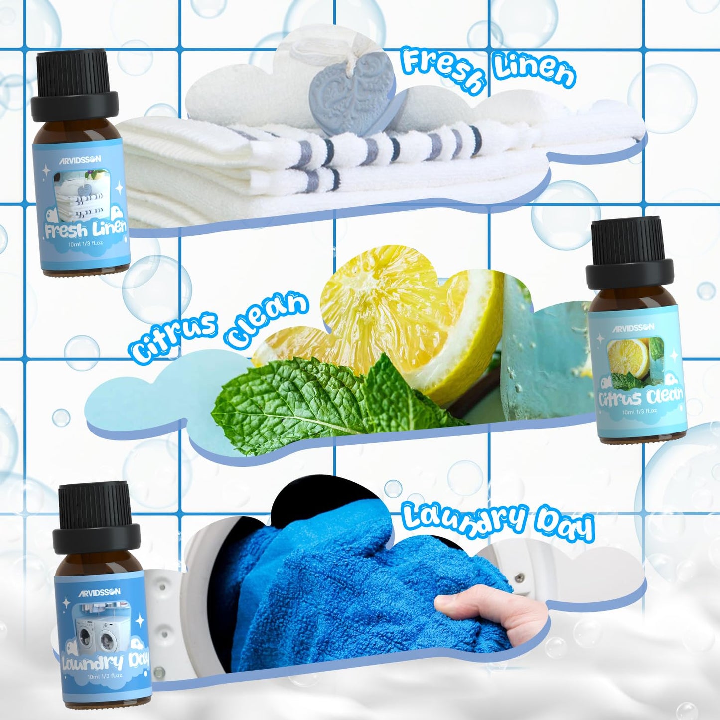 Hotel Diffuser Oils Gift Set, ARVIDSSON Luxury Fragrance Oil Blend, Hotel Scent Essential Oils for Diffuser, Jasmine & Mint, White Tea, Citrus Bliss, M-Way, Fancy Lobby, Gift for Women and Men