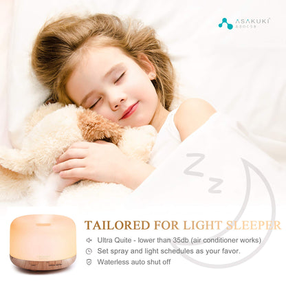 ASAKUKI Essential Oil Diffuser 500ml, Ultrasonic Aromatherapy Humidifier with Remote Control, 7 LED Colors, Timer & Auto-Off, Large Room Diffuser