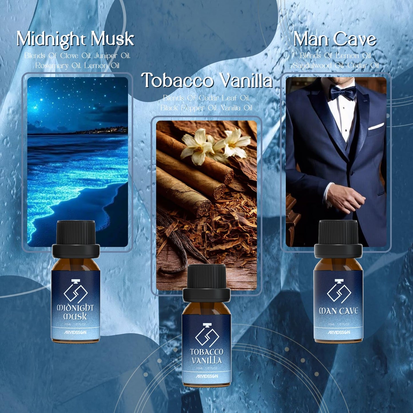 Hotel Diffuser Oils Gift Set, ARVIDSSON Luxury Fragrance Oil Blend, Hotel Scent Essential Oils for Diffuser, Jasmine & Mint, White Tea, Citrus Bliss, M-Way, Fancy Lobby, Gift for Women and Men
