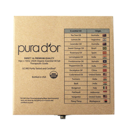 PURA D'OR Organic Perfect10 Essential Oils Set - 10x 10mL Wood Box Aromatherapy Gift Set - 100% Pure Therapeutic Grade for Relaxation and Wellness (Lavender, Peppermint, Eucalyptus, Tea Tree & More)