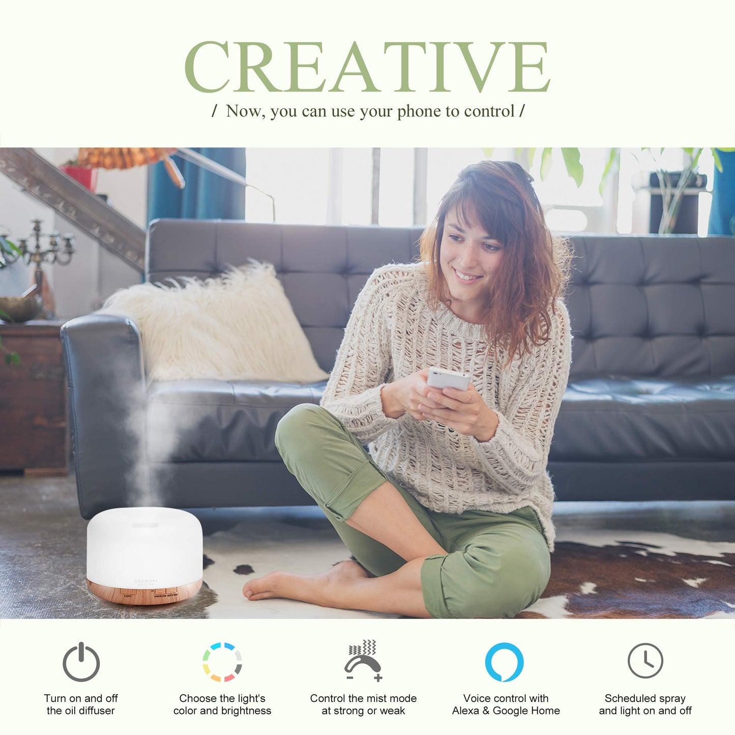 ASAKUKI Essential Oil Diffuser 500ml, Ultrasonic Aromatherapy Humidifier with Remote Control, 7 LED Colors, Timer & Auto-Off, Large Room Diffuser