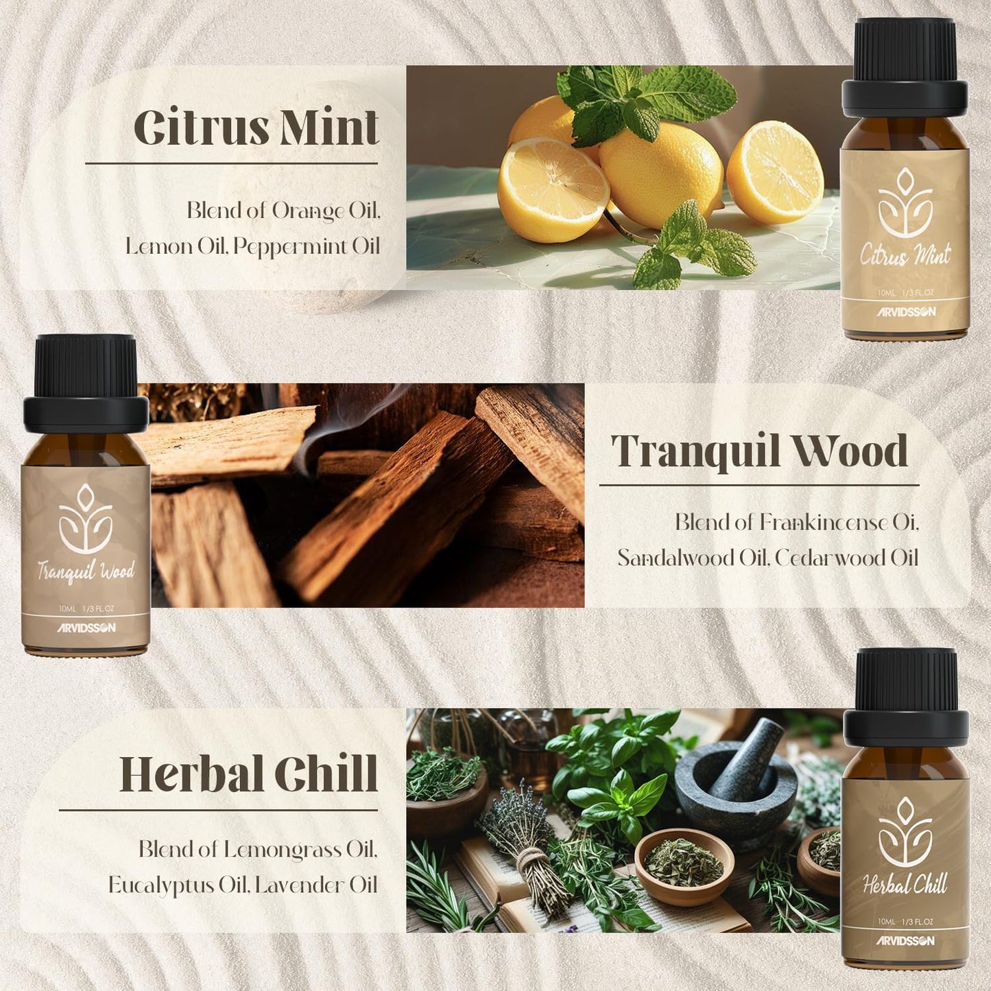Hotel Diffuser Oils Gift Set, ARVIDSSON Luxury Fragrance Oil Blend, Hotel Scent Essential Oils for Diffuser, Jasmine & Mint, White Tea, Citrus Bliss, M-Way, Fancy Lobby, Gift for Women and Men