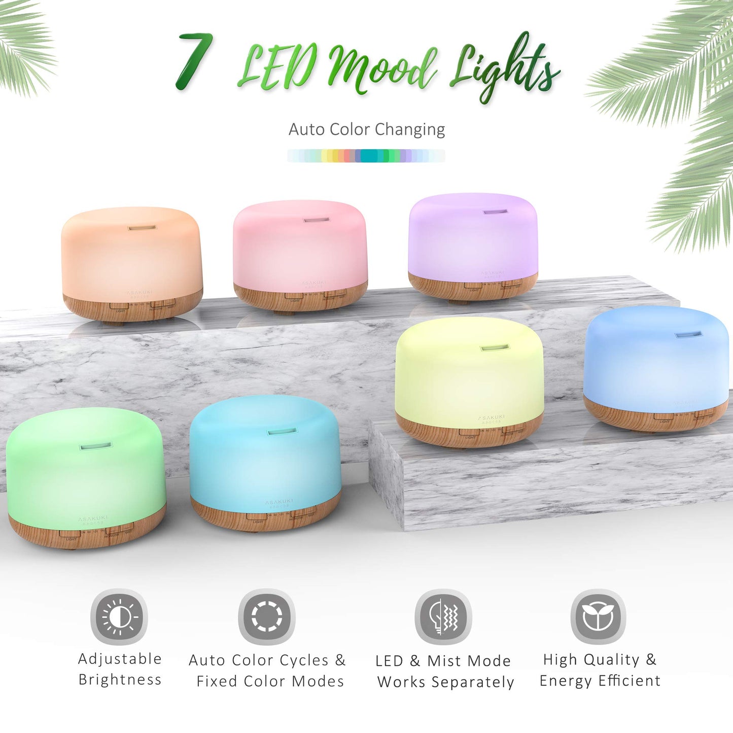 ASAKUKI Essential Oil Diffuser 500ml, Ultrasonic Aromatherapy Humidifier with Remote Control, 7 LED Colors, Timer & Auto-Off, Large Room Diffuser