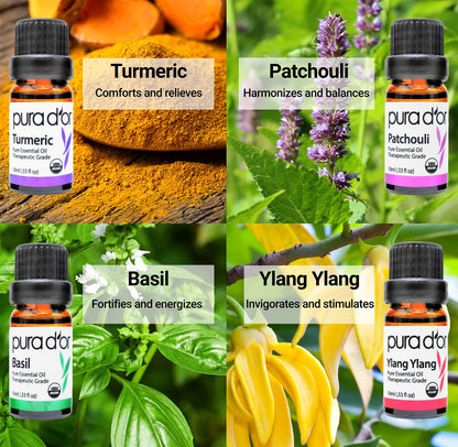 PURA D'OR Organic Perfect10 Essential Oils Set - 10x 10mL Wood Box Aromatherapy Gift Set - 100% Pure Therapeutic Grade for Relaxation and Wellness (Lavender, Peppermint, Eucalyptus, Tea Tree & More)